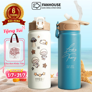 Bình giữ nhiệt Tyeso 530ml chính hãng có ống hút Fan House bình nước giữ nhiệt inox 304 khắc tên