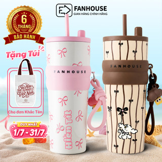 Bình giữ nhiệt khắc tên Fan House bình nước giữ nhiệt 12h inox 316 ống hút tiện lợi 710ml, chram 3D