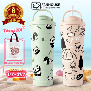 Bình nước giữ nhiệt Pastel v2 830ml Phủ sứ, ly giữ nhiệt Fan House inox 316 ống hút trà sữa chân trâu