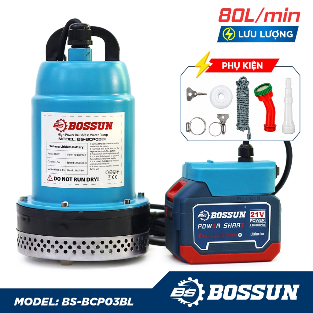 Máy Bơm Chìm Nước Sạch Bossun BS-BCP03BL Pin 21V Động Cơ Không Chổi Than Lưu Lượng 80L Phút