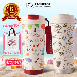 Bình giữ nhiệt LatteCup inox 316 phủ sứ cao cấp, cốc giữ nhiệt 530ml Fan House, tặng túi canvas