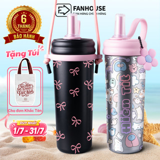 Ly giữ nhiệt Straw Cup inox 316L lõi phủ sứ cao cấp Fan House bình nước giữ nhiệt 750ml khắc tên