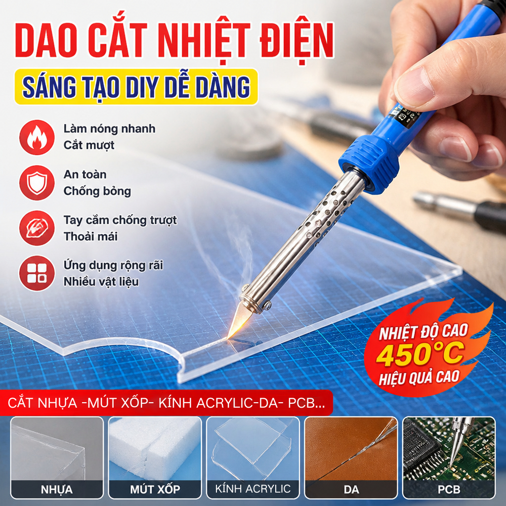 Mỏ Hàn Thiếc, Dao Cắt Nhựa Điện Đa Năng: Điều Nhiệt, Khắc, Đục Lỗ, Cắt Hoa - Lưỡi Hợp Kim Bền - Dụng Cụ Gia Đình