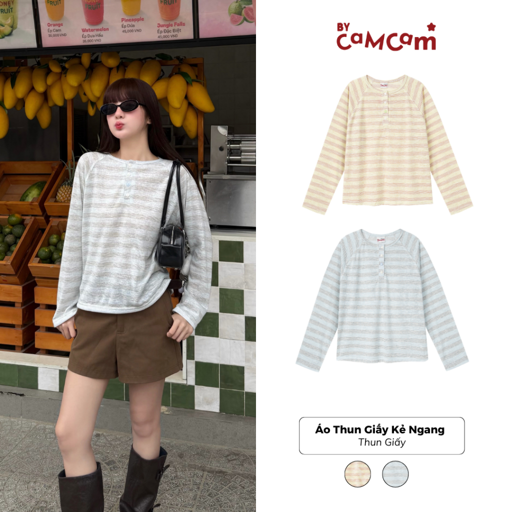 Áo Thun Giấy Kẻ Dài Tay Raglan 𝑩𝒚𝒄𝒂𝒎𝒄𝒂𝒎 Form Rộng Mùa Hè Hàn Quốc ATD544