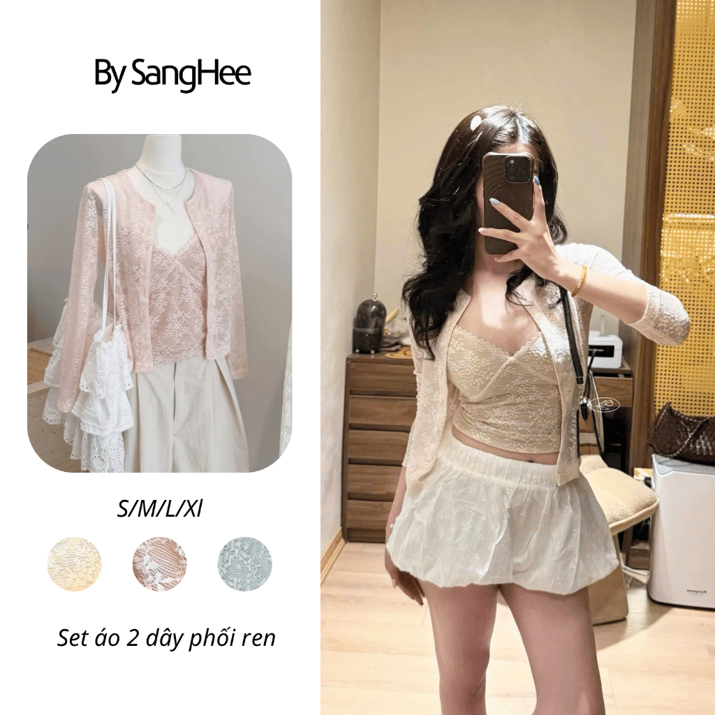 Set Áo Hai Dây Phối Ren Kèm Cardigan Ren Nữ Cao Cấp, Set Áo Hai Dây Ren Hoa Kèm Khoác Mỏng Hot Trend
