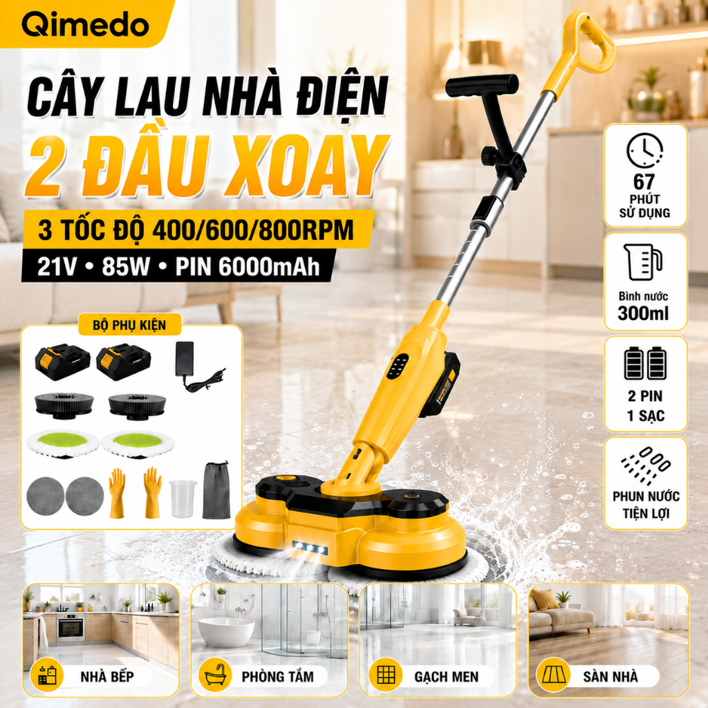 Qimedo Cây lau nhà điện tử 800 vòng/phút | Pin 6000mAh 60 phút | Đèn LED & Bình nước 300ml Phun nước | Giảm 50% sức lao