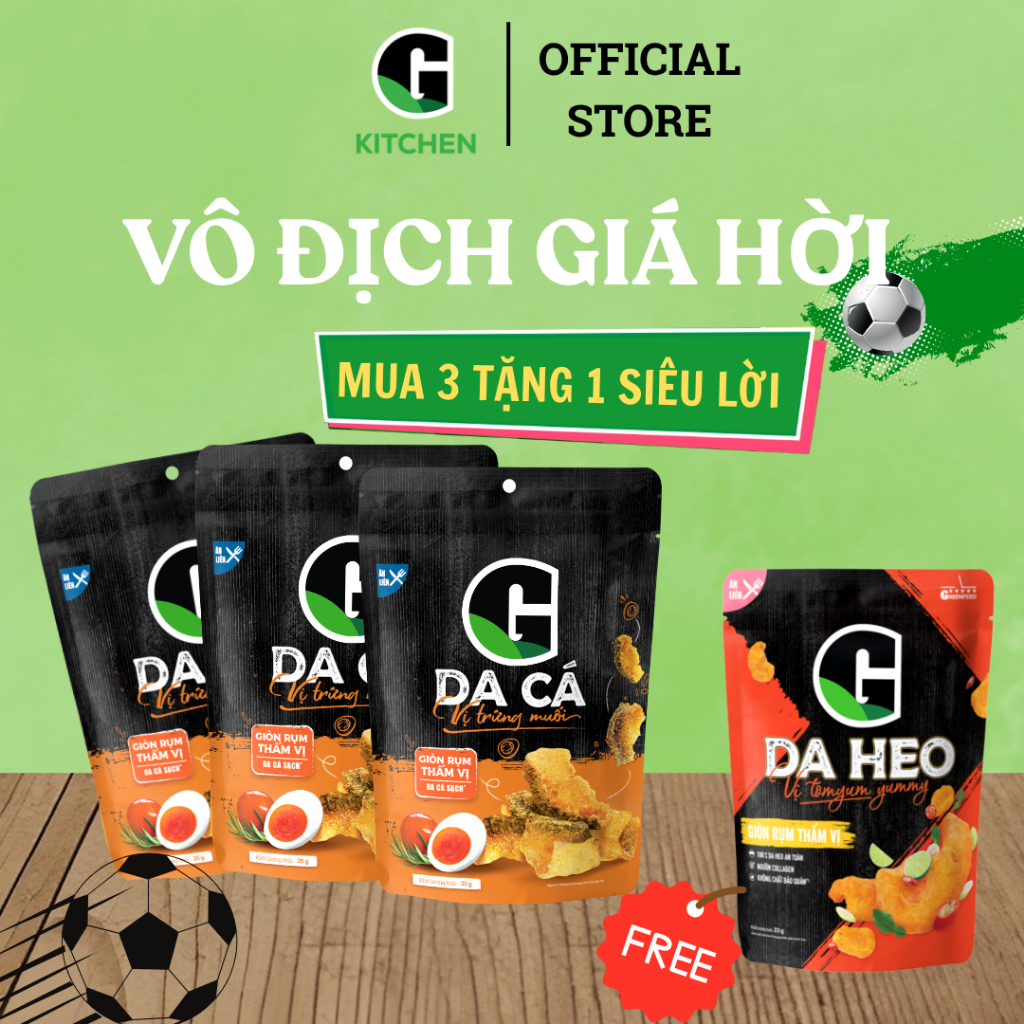 [Bóng lăn deal sốc] Combo 3 gói da cá trứng muối 25g Tặng 1 gói da heo vị tomyum 23g G Kitchen