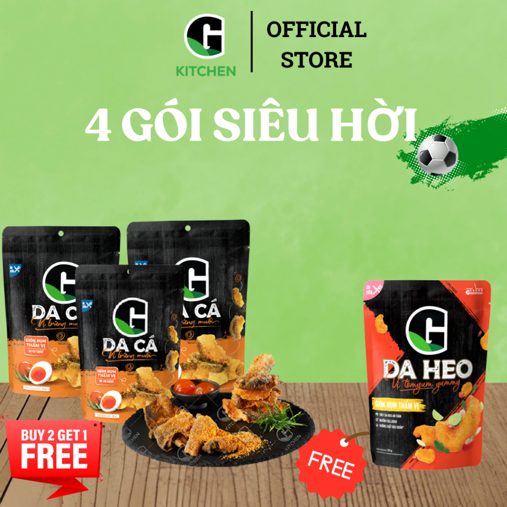 [Bóng lăn deal sốc] Combo 3 gói da cá trứng muối 25g Tặng 1 gói da heo vị tomyum 23g G Kitchen