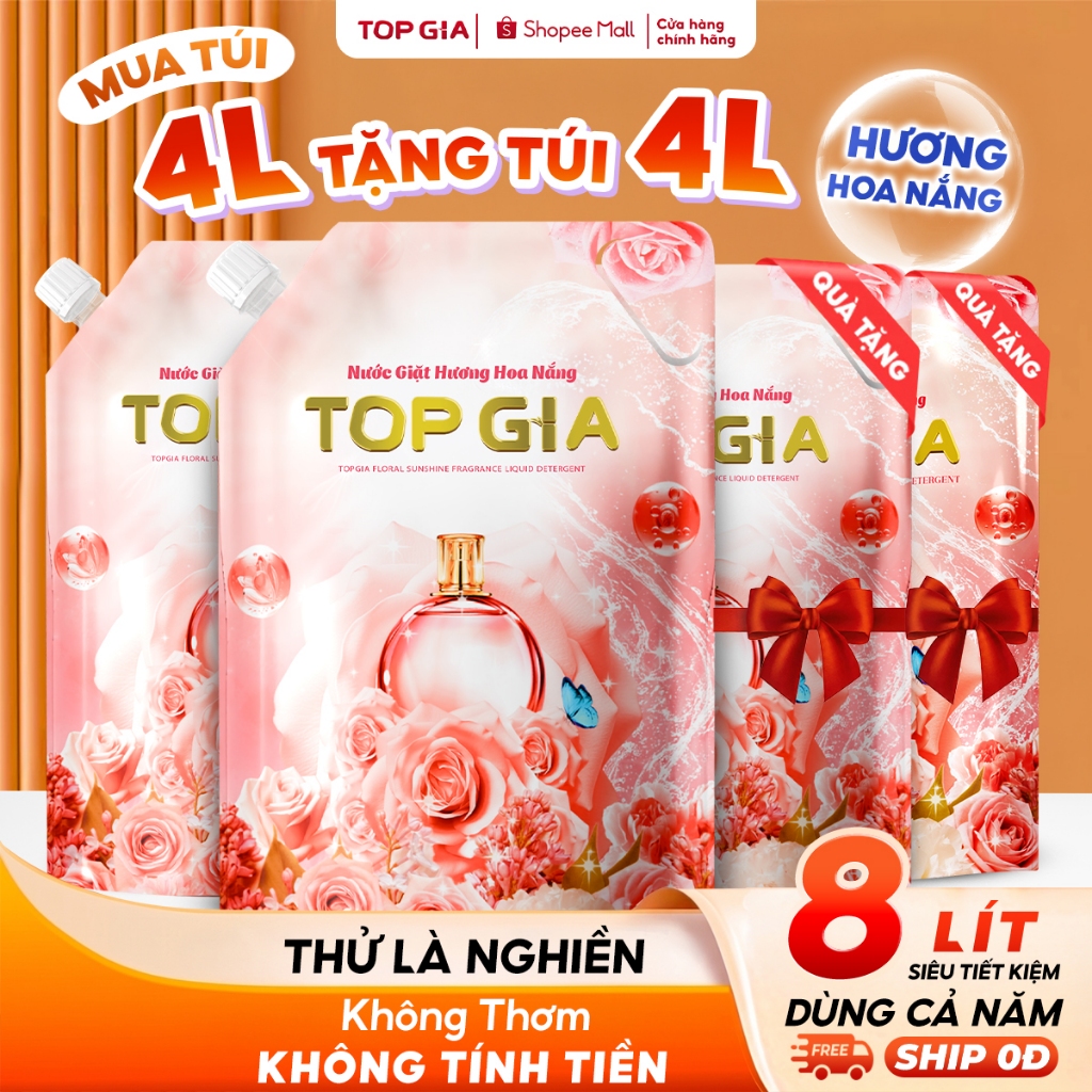[Mua 4L Tặng 4L] Nước Giặt Xả TopGia Hương Hoa Nắng Ngọt Ngào, An Toàn Lưu Hương Bền Lâu 72H, Túi 2L