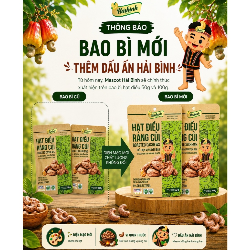 [Mua 10 tặng 1 hũ tỏi ớt 115g] Hạt điều rang củi Hải Bình Gia Lai Túi 50g - Hàng mới rang