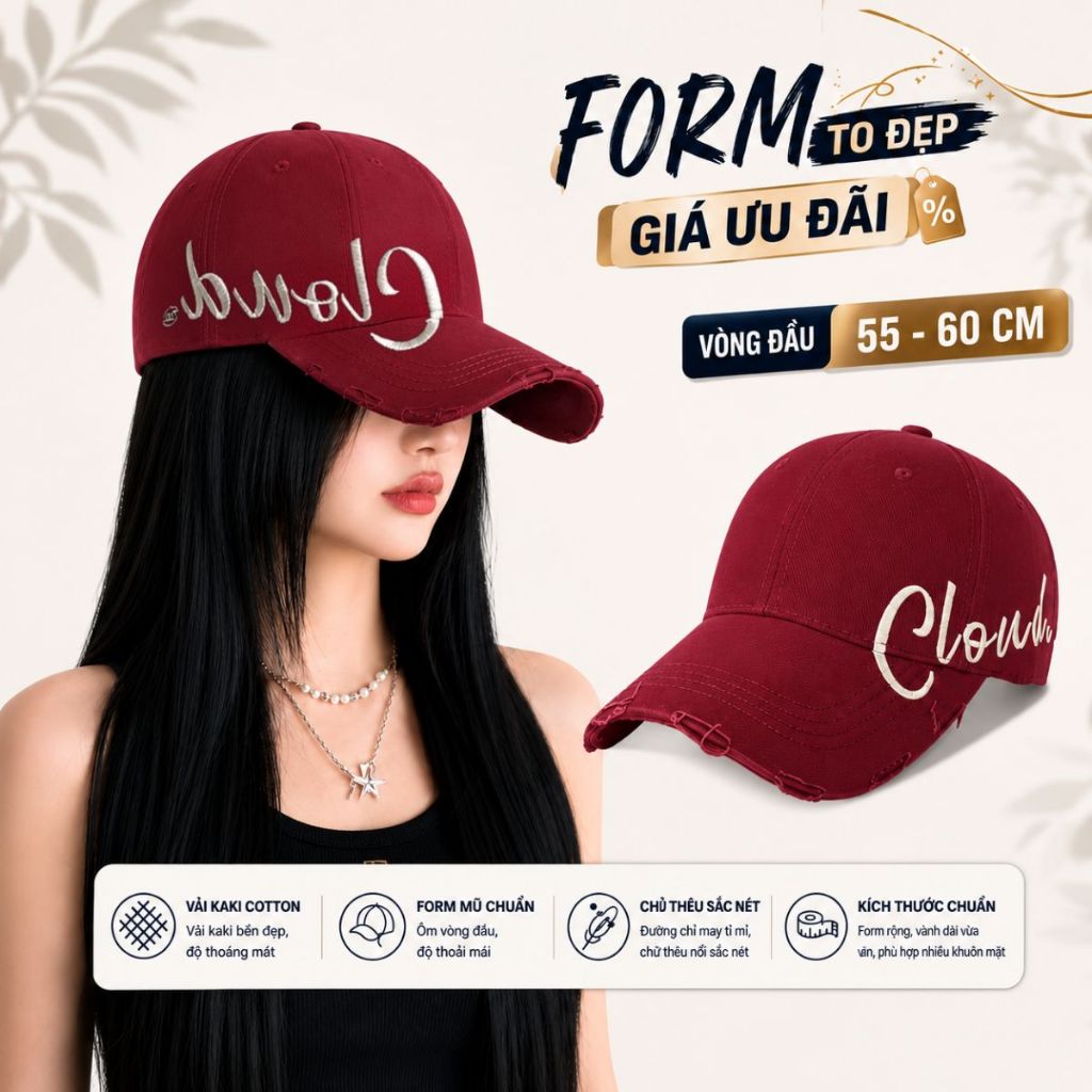 Mũ Lưỡi Trai Nam Nữ Thêu CLOUD Form Chuẩn Vải Kaki Vintage Unisex Nón Kết Thời Trang Form Sâu