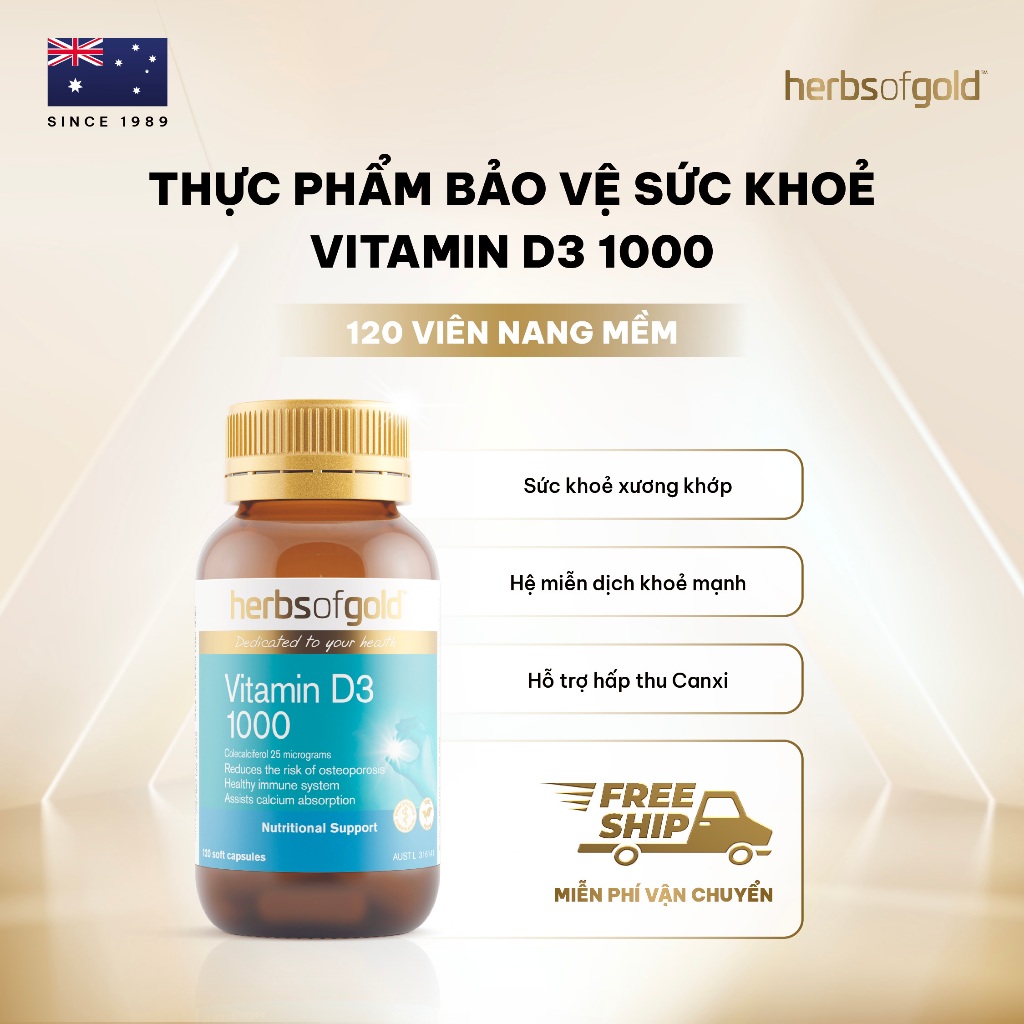 Viên Uống Vitamin D3 Herbs of Gold 1000 IU – Hấp Thu Canxi & Xương Khỏe Mạnh – Hộp 120 Viên