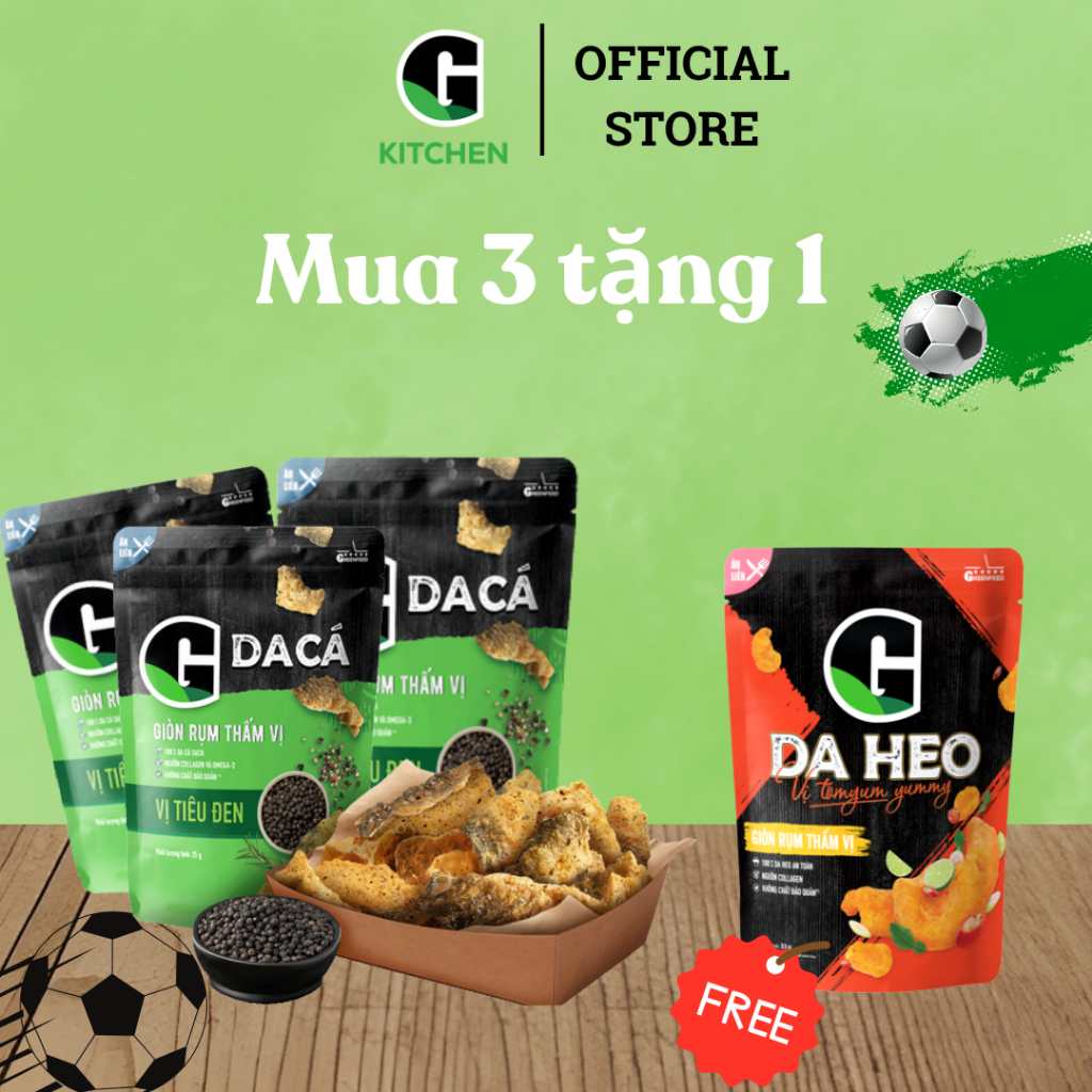 [Bóng lăn deal sốc] Combo 3 gói da cá tiêu đen 25g Tặng 1 gói da heo vị tomyum 23g G Kitchen