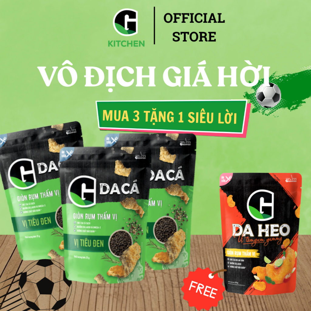[Bóng lăn deal sốc] Combo 3 gói da cá tiêu đen 25g Tặng 1 gói da heo vị tomyum 23g G Kitchen