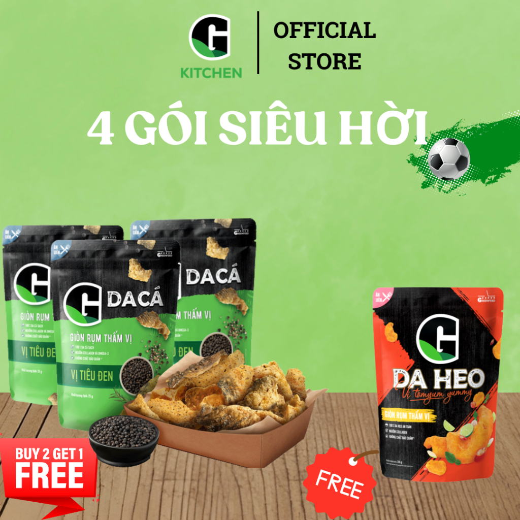 [Bóng lăn deal sốc] Combo 3 gói da cá tiêu đen 25g Tặng 1 gói da heo vị tomyum 23g G Kitchen
