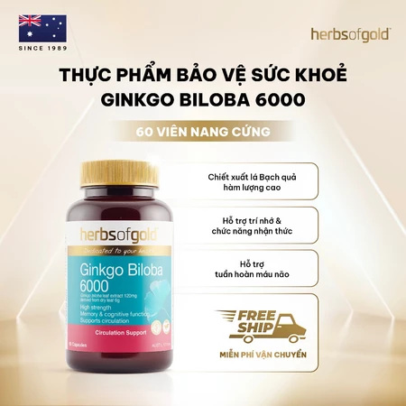 Viên Uống Bạch Quả Herbs of Gold Ginkgo Biloba 6000mg 60 Viên Hỗ Trợ Tuần Hoàn Máu & Tăng Tập Trung