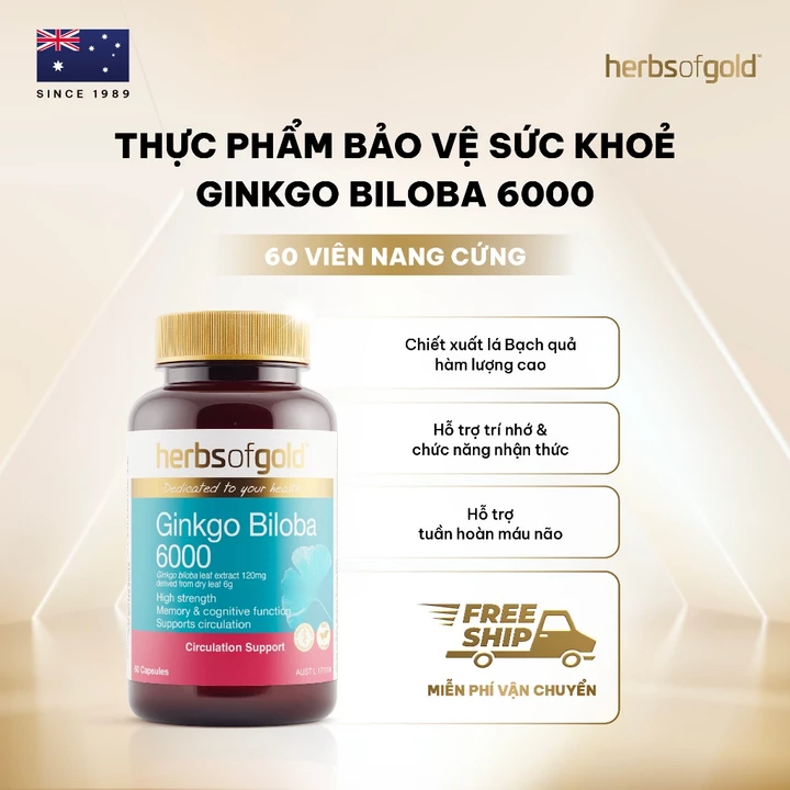 Viên Uống Bạch Quả Herbs of Gold Ginkgo Biloba 6000mg 60 Viên Hỗ Trợ Tuần Hoàn Máu & Tăng Tập Trung