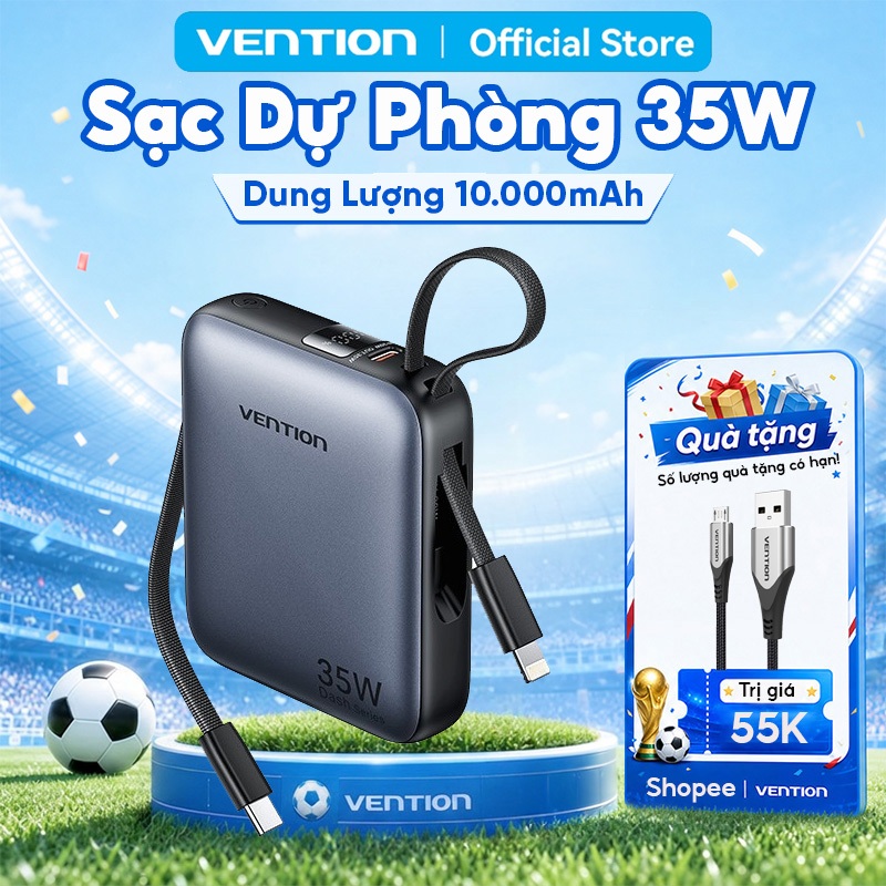 Sạc Dự Phòng 10000mAh 35W Vention Tích Hợp Cáp USB-C Và Light,Hỗ Trợ PD, Thiết Kế Nhỏ Gọn, Sạc Nhanh An Toàn Ổn Định