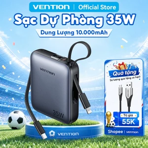 Sạc Dự Phòng 10000mAh 35W Vention Tích Hợp Cáp USB-C Và Light,Hỗ Trợ PD, Thiết Kế Nhỏ Gọn, Sạc Nhanh An Toàn Ổn Định