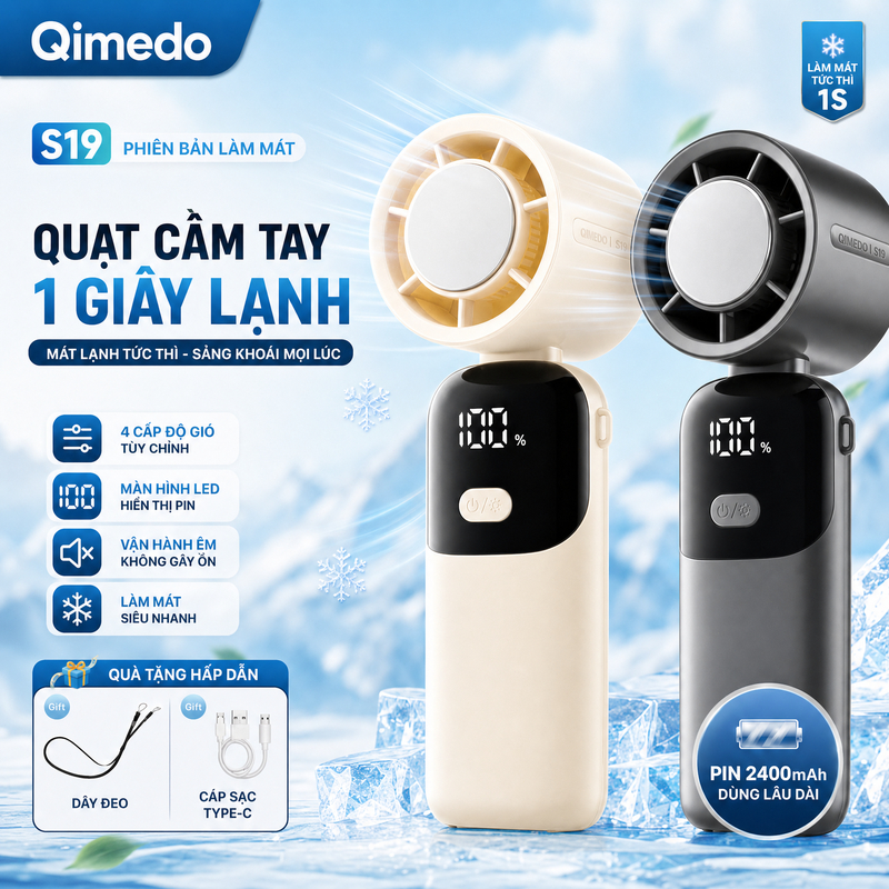 Quạt Cầm Tay Mini S19, Turbo 4 Cấp Độ,Màn Hình LED,Lạnh 1 Giây,Không Ồn Dùng Du Lịch Đi Làm Gia Đình