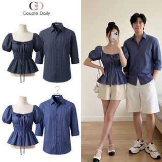 Set Đồ Đôi Nam Nữ Couple Áo Kiểu Peplum Dây Rút & Sơ Mi Kẻ Sọc Dọc Thanh Lịch Đi Chơi, Du Lịch 88004