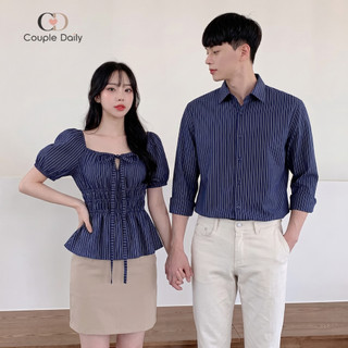 Set Đồ Đôi Nam Nữ Couple Áo Kiểu Peplum Dây Rút & Sơ Mi Kẻ Sọc Dọc Thanh Lịch Đi Chơi, Du Lịch 88004
