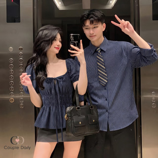 Set Đồ Đôi Nam Nữ Couple Áo Kiểu Peplum Dây Rút & Sơ Mi Kẻ Sọc Dọc Thanh Lịch Đi Chơi, Du Lịch 88004