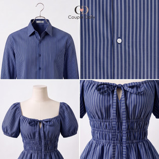 Set Đồ Đôi Nam Nữ Couple Áo Kiểu Peplum Dây Rút & Sơ Mi Kẻ Sọc Dọc Thanh Lịch Đi Chơi, Du Lịch 88004
