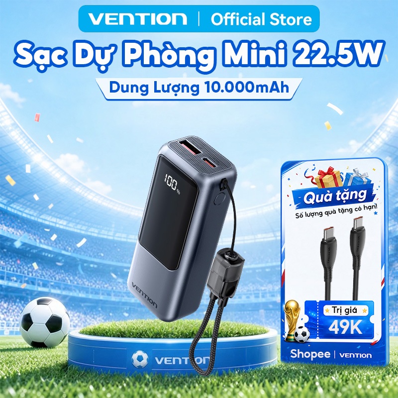 Pin Sạc Dự Phòng Mini 22.5W 10000mAh Vention Tích Hợp Dây Type C, Màn LED Hiển Thị,Hỗ Trợ Sạc Nhanh, Thiết Kế Nhỏ Gọn