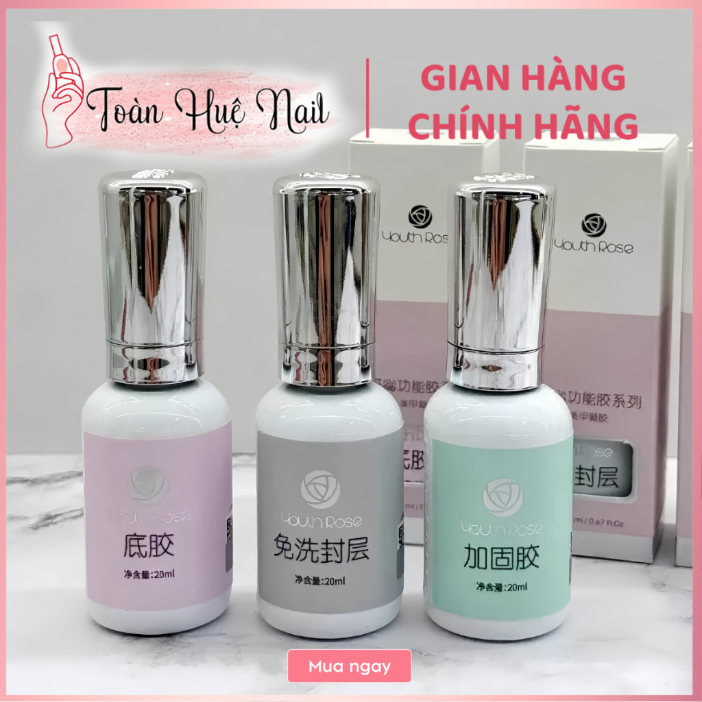 Base, Top Coat Youth Rose 20ml - Top Cứng Móng & Base Hoa Hồng Chính Hãng (Bộ Ba Hoàn Hảo)