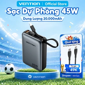 Sạc Dự Phòng 45W Vention 20000mAh Hỗ Trợ PD, QC, Tích Hợp Dây Type-C Cho Điện Thoại, Tai Nghe Máy Tính Bảng
