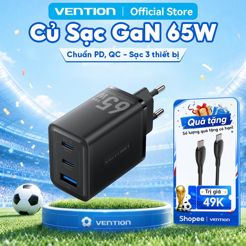 Củ Sạc Nhanh GaN 65W Vention 2 USB-C 1 USB-A PD 3.0 QC 4.0 Cho Phone Samsung Pad MatBook Laptop