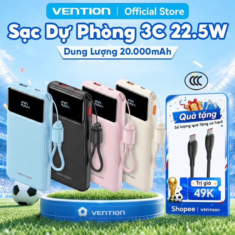 Pin Sạc Dự Phòng 20000mAh Vention 22.5W, Đạt Chuẩn 3C, 2 Cổng USB-A/C Kèm Dây Sạc Type C Màn LED Cho Điện Thoại Laptop