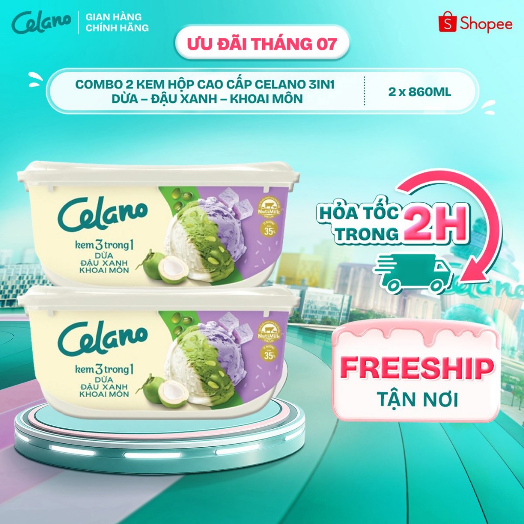[Hỏa tốc HN/HCM] Combo 2 Kem Hộp Cao Cấp Celano 3in1 Dừa – Đậu Xanh – Khoai Môn (860ml)