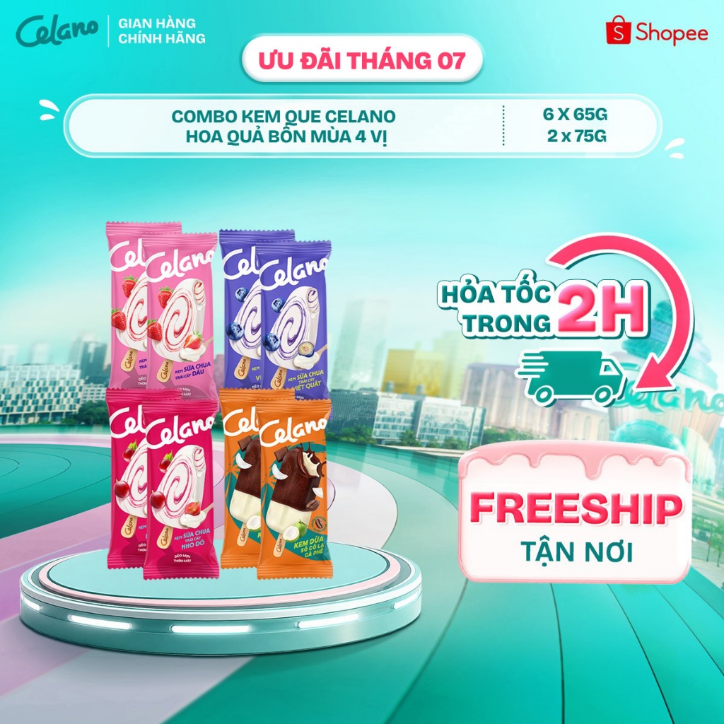 [Hỏa tốc HN/HCM] Combo kem que CELANO HOA QUẢ BỐN MÙA vị: Sữa chua dâu, Sữa chua việt quất, Sữa chua nho đỏ, Dừa Socola