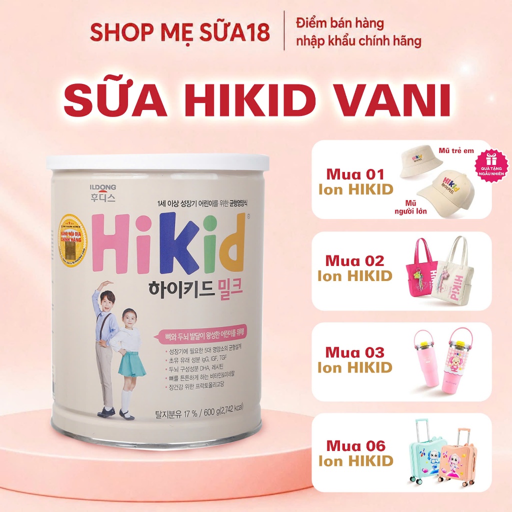 Sữa Bò Hikid Vị Vani Hàn Quốc Bổ Sung Canxi Hỗ Trợ Tăng Chiều Cao Cho Bé Tới 9 Tuổi Lon 600g