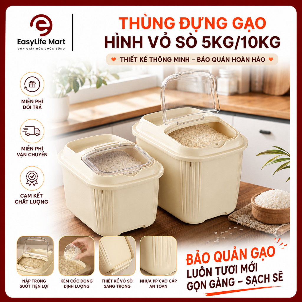 Thùng Đựng Gạo 5KG/10KG Có Nắp Trong Suốt Kèm Cốc Đong, Hộp Đựng Gạo Nhựa PP Cao Cấp Chống Ẩm Bảo Quản Gạo Ngũ Cốc