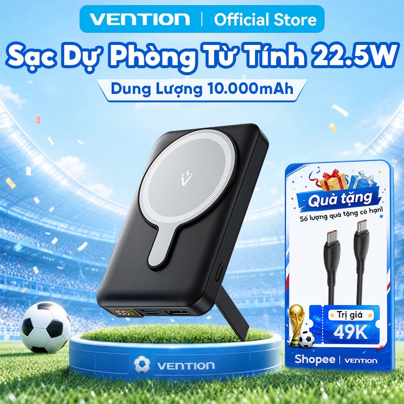 Pin Sạc Dự Phòng Không Dây 10000mAh Vention – Nam Châm Từ Tính Hút Tự Động, Sạc Nhanh PD, Đế Đỡ Gập, Màn Hình LED