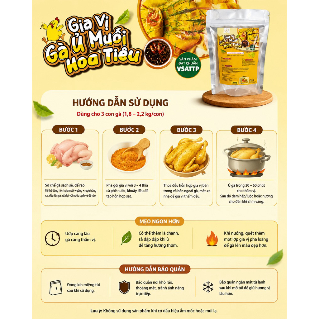 Gia Vị Gà Ủ Muối Hoa Tiêu Gói 300g ( 3 Con Gà 6kg ) Tặng Kèm Muối Chấm Gà