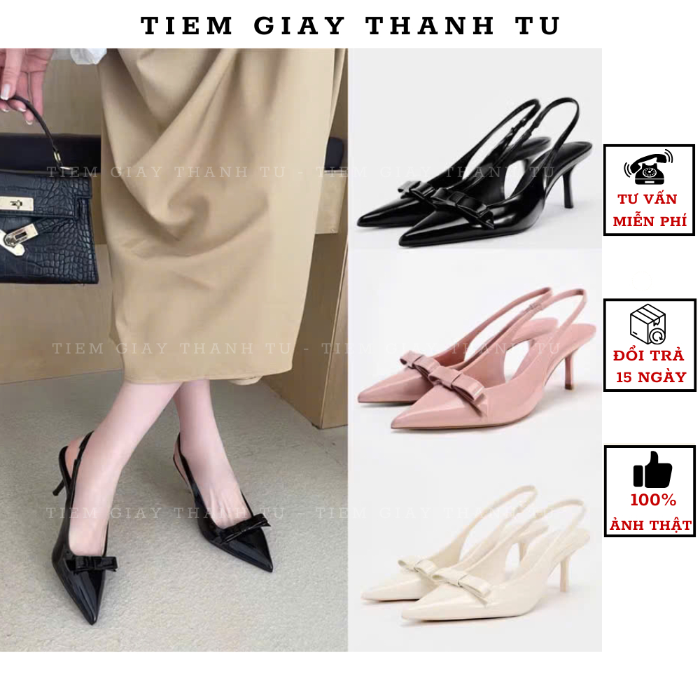 [TIEMGIAYTHANHTU] Giày cao gót nữ mũi nhọn phối nơ xinh xắn, giày sandal gót nhọn quai mảnh sang chảnh