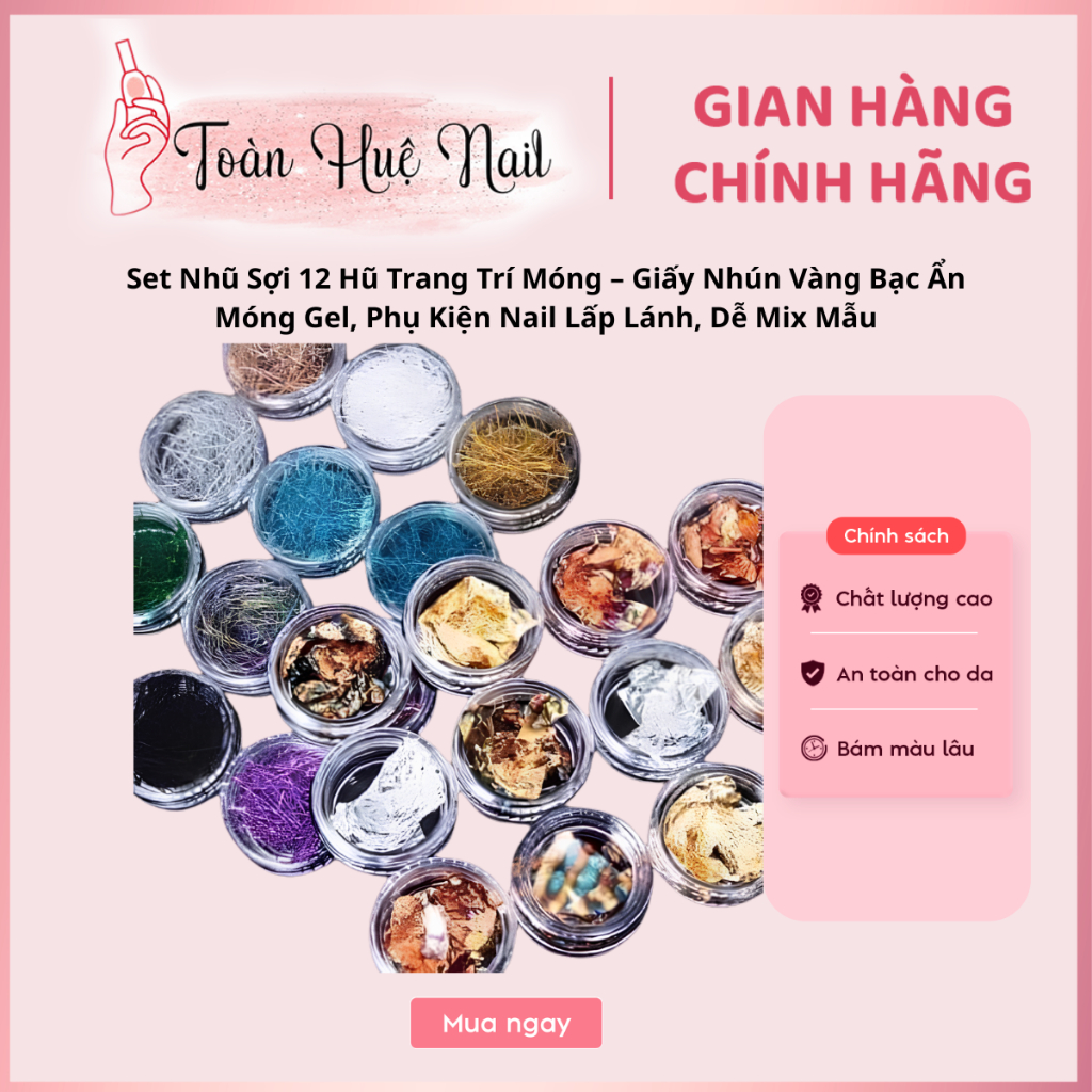 Set Nhũ Sợi 12 Hũ Trang Trí Móng – Giấy Nhún Vàng Bạc Ẩn Móng Gel, Phụ Kiện Nail Lấp Lánh, Dễ Mix Mẫu