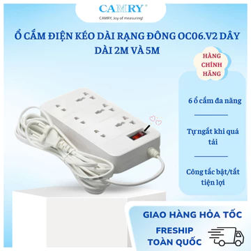Ổ Cắm Điện Kéo Dài Rạng Đông OC06.V2 Dây Dài 2M Và 5M Tích Hợp Đèn Báo Công Tắc Tắt/ Bật Lỗi Ổ Cắm Nhựa Chống Cháy