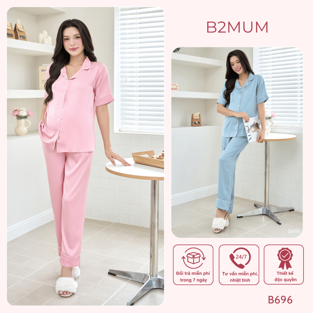 [BỘ TAY CỘC] Lụa Latin cao cấp mềm mát, quần chun cúc điều chỉnh cho mẹ bầu và sau sinh B696 B2 MUM
