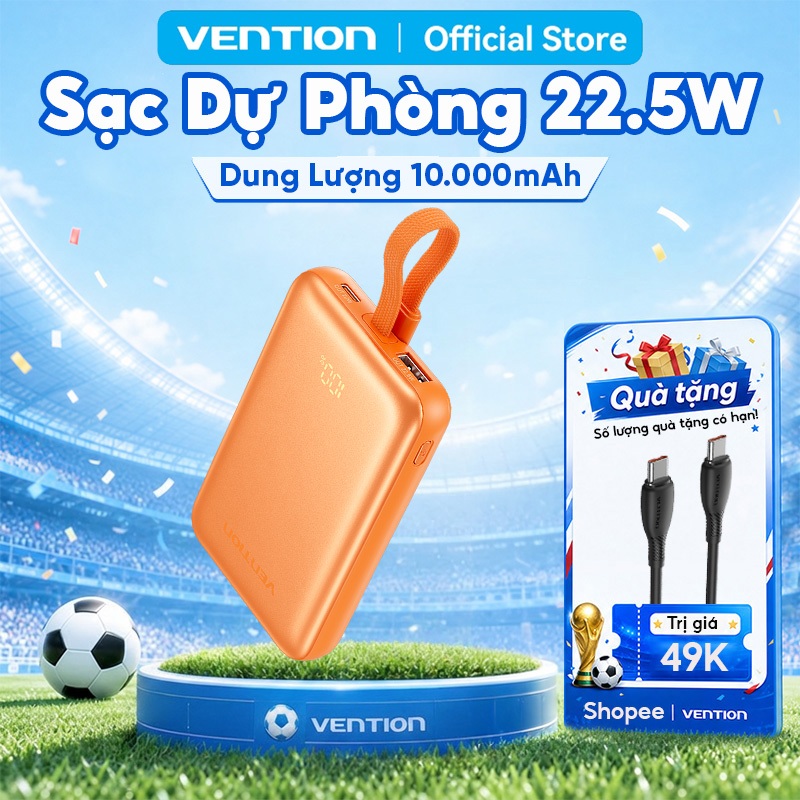 Pin Sạc Dự Phòng Vention 10000mAh Sạc Nhanh 22.5W Tích Hợp Cáp USB-C, Sạc Không Dây 15W Cho Phone