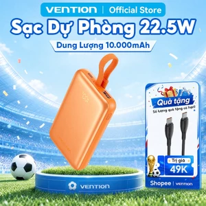 Pin Sạc Dự Phòng Vention 10000mAh Sạc Nhanh 22.5W Tích Hợp Cáp USB-C, Sạc Không Dây 15W Cho Phone