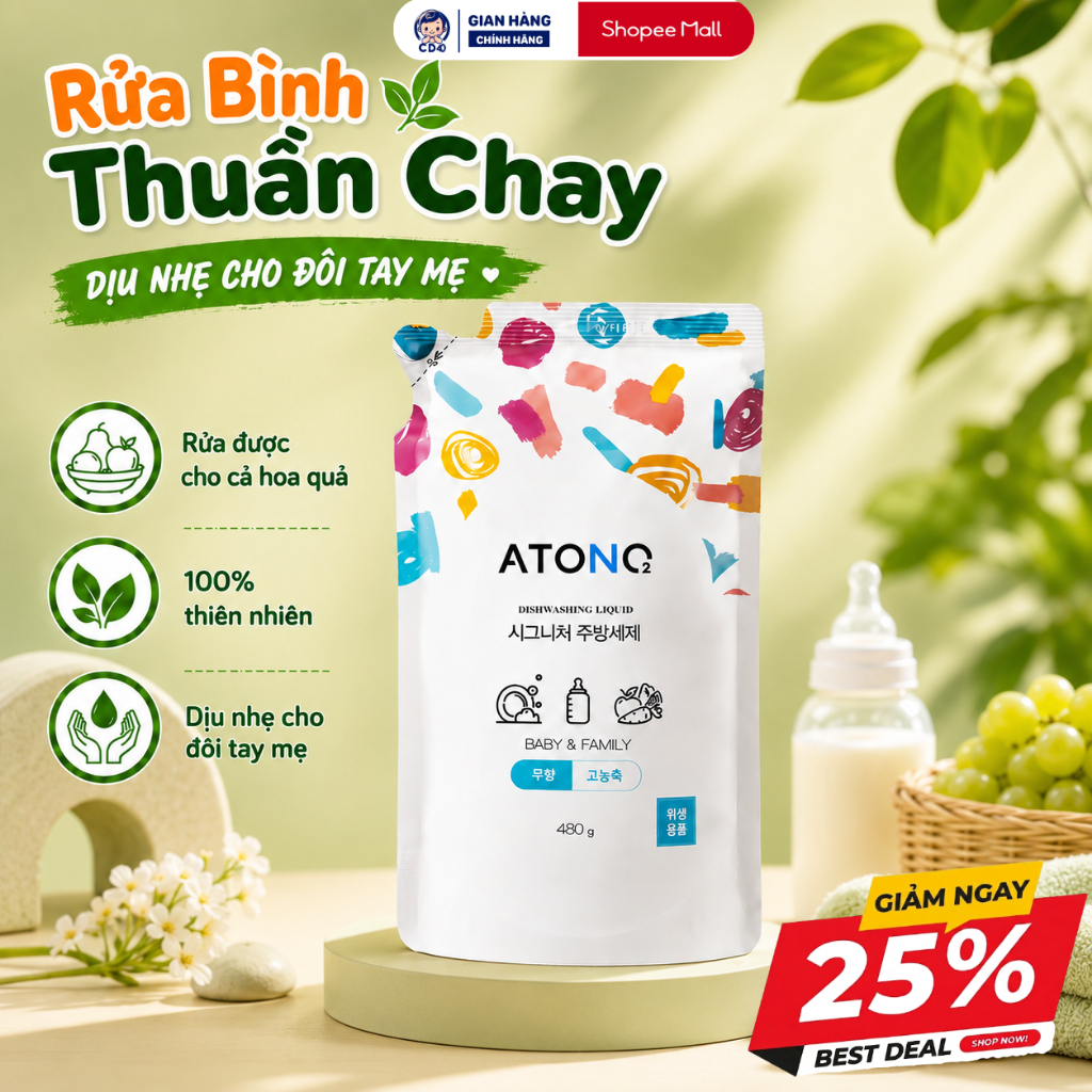 Nước rửa bình sữa, chén bát đậm đặc thuần chay ATONO2 Hàn Quốc, nước rửa rau củ quả cho bé