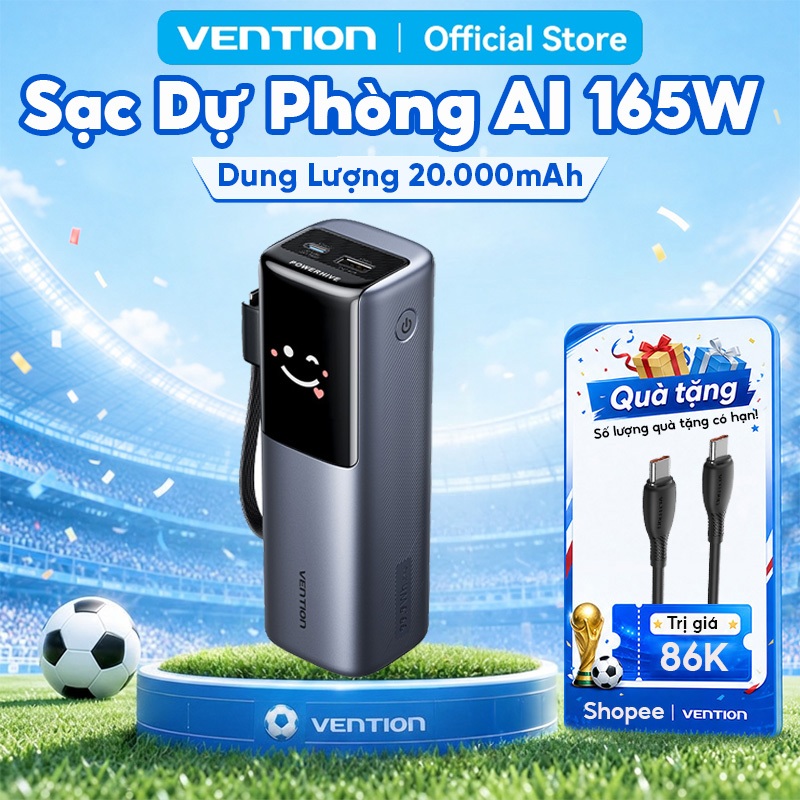 Sạc Dự Phòng 20000mAh 165W Vention,  Sẵn Dây Type-C, Màn Hình Thị Mặt Cười AI Cho Điện Thoại, Laptop, Tai Nghe