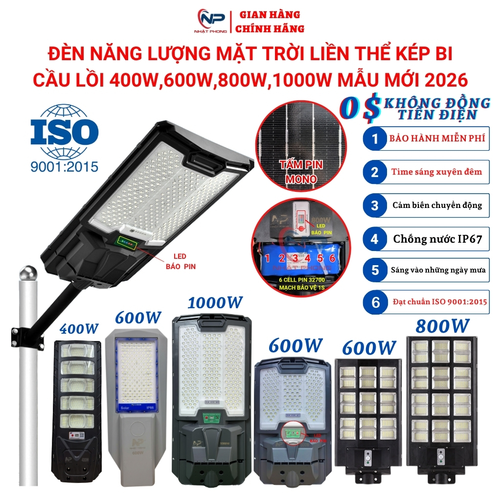 Đèn năng lượng mặt trời sân vườn Shop Nhật Phong đèn đường liền thể kép 800W,600w,500W,300W,Cảm Biến Chuyển Động,BH2năm