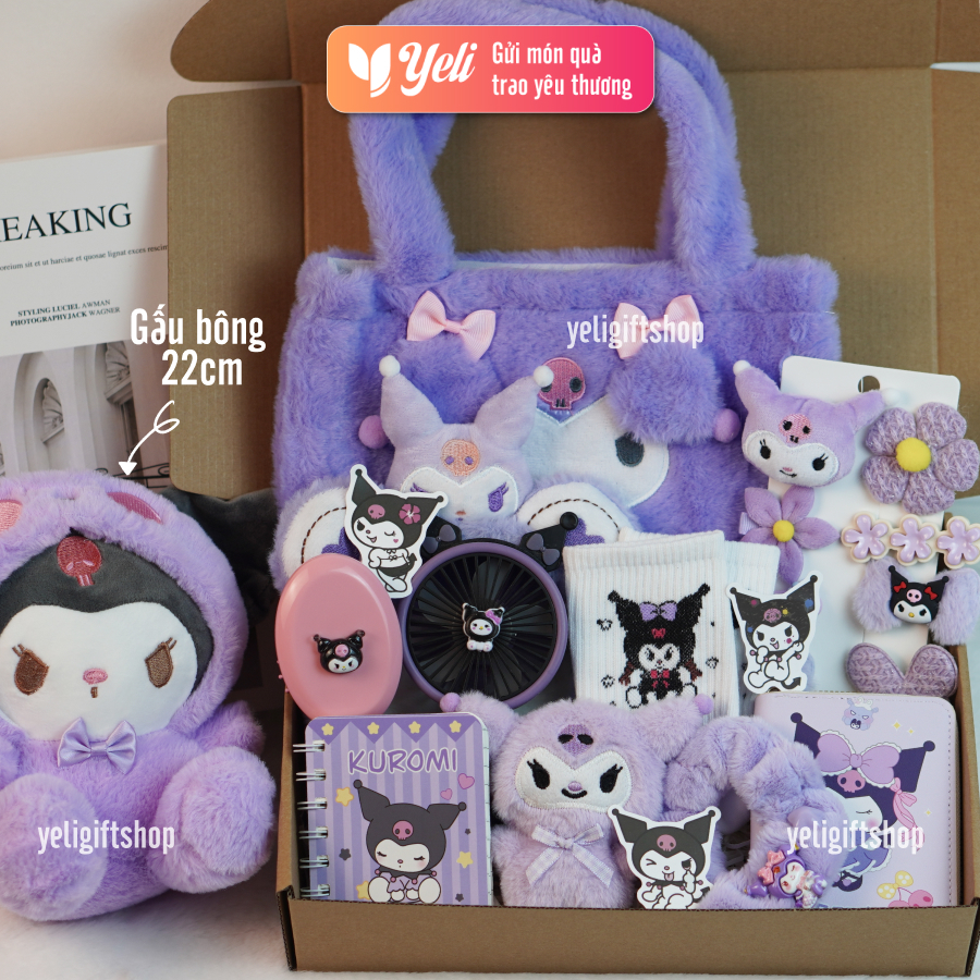 Set quà Kuromi nhiều phụ kiện, Set quà Gấu Kuromi to, Hộp quà Kuromi tặng bé gái, bạn gái, người yêu dịp sinh nhật