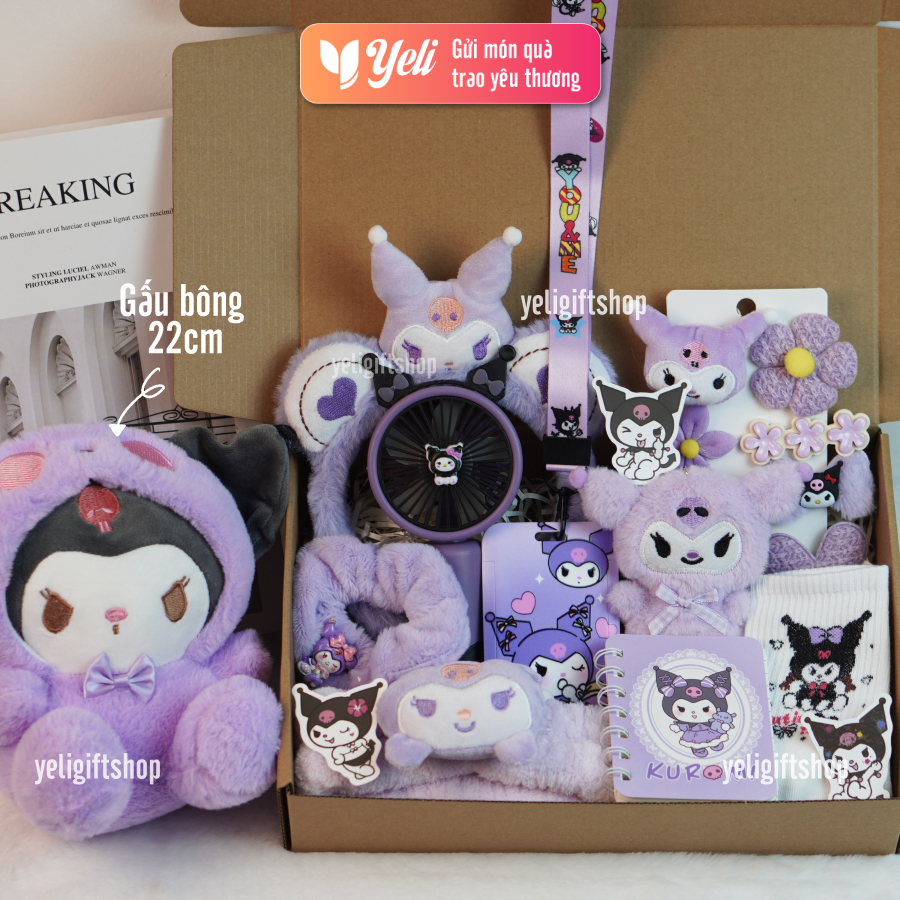 Set quà Kuromi nhiều phụ kiện, Set quà Gấu Kuromi to, Hộp quà Kuromi tặng bé gái, bạn gái, người yêu dịp sinh nhật